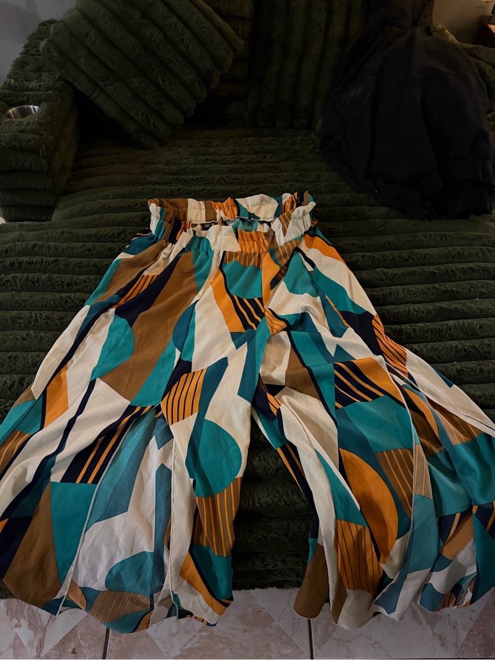 Abstract Print Paperbag Waist Midi Skirt in Teal and Mustard